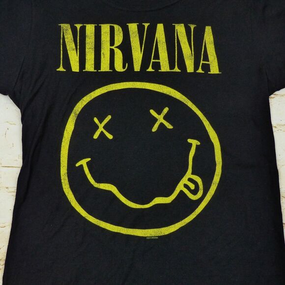Y2K Nirvana Smiley Face T-Shirt Womens L Black 2013 Grunge Nevermind Tultex VTG - Picture 2 of 9